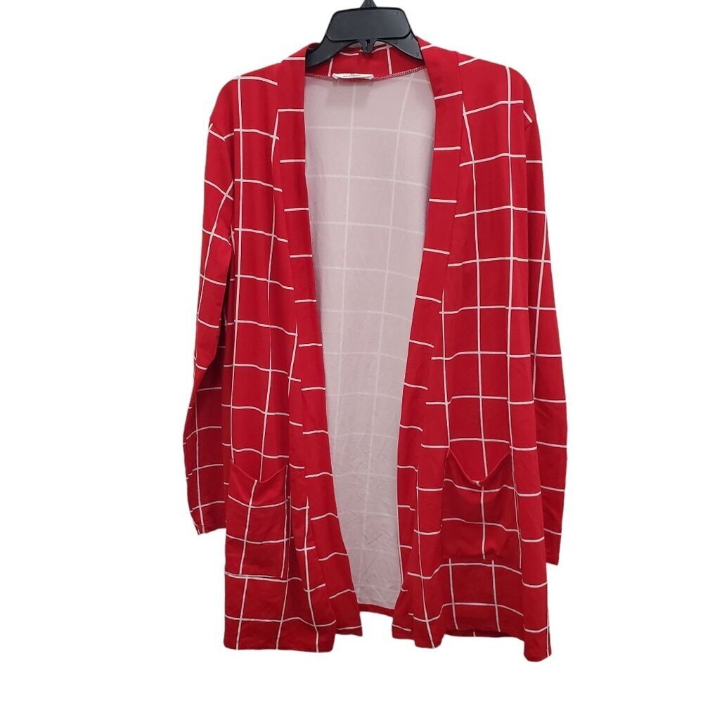 Zenana Outfitters Red Windowpane Open-Front Cardigan
